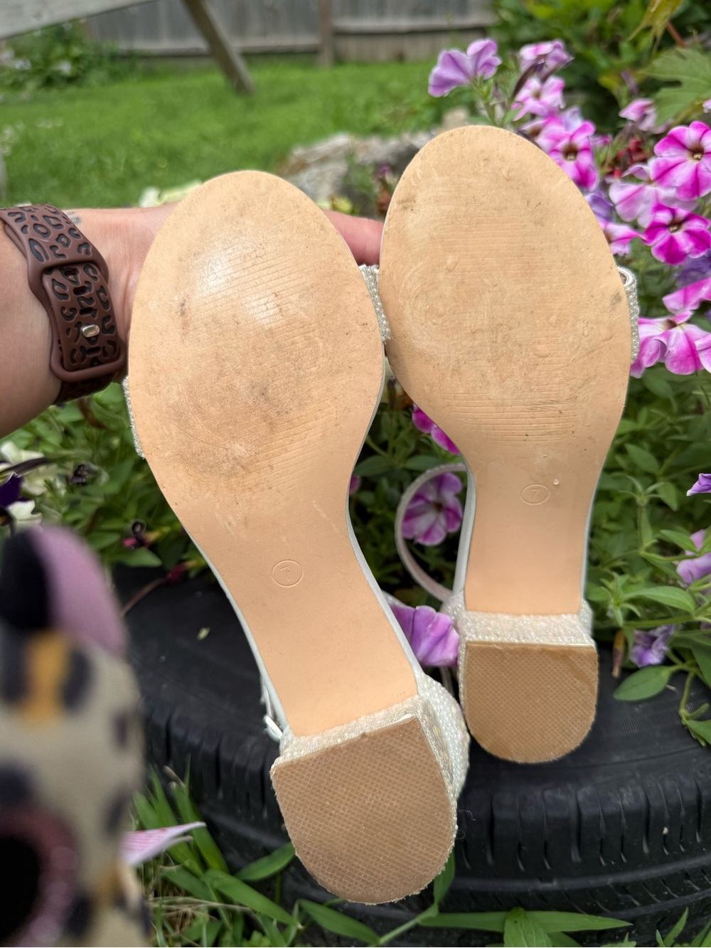 David's Bridal Pink Pearl-Embellished Ankle-Strap Sandals (free sunglasses) - Picture 6 of 7